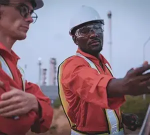 two industrial workers in protective gear and safety helmets discussing work at an outdoor industrial site